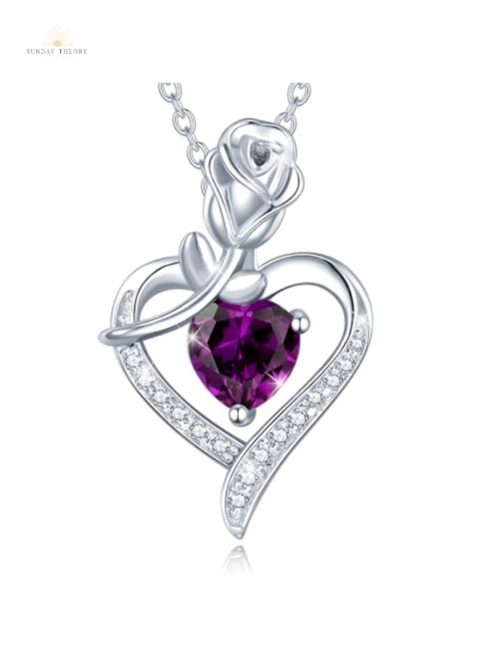 Sterling Silver Amethyst Birthstone Necklace Heart Pendant Rose Flower Women